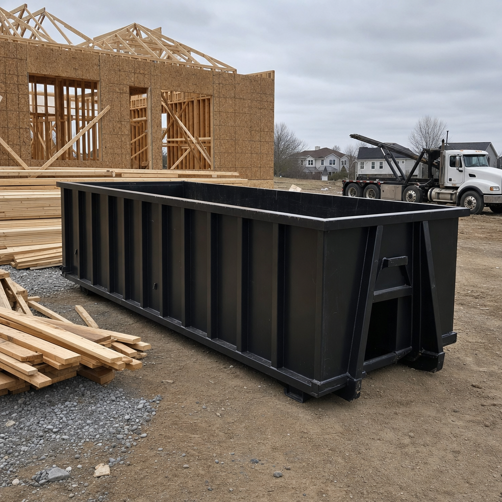 Matte-black 40-yard roll-off dumpster staged on a framed-out residential construction site in Manhattan, framing lumber stacked nearby, hooklift delivery truck visible in the background under bright Colorado daylight