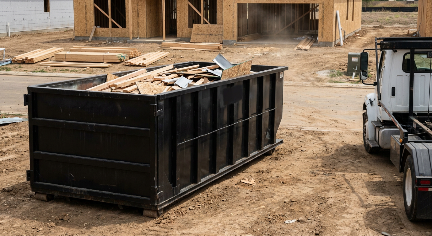Matte-black 20-yard roll-off construction dumpster with heavy ribbed steel sidewalls and swing rear doors at a working jobsite in Manhattan, sitting directly on compacted dirt with an unmarked white hauler partially visible at the far edge of the frame.