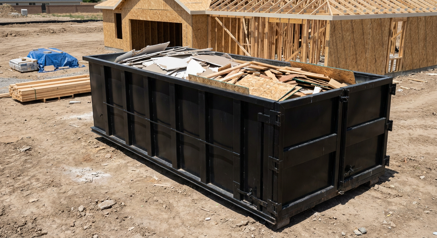 Matte-black 30-yard roll-off construction dumpster sitting directly on the compacted-dirt site of a framed single-family home build in Manhattan, drywall and lumber scrap loaded inside.