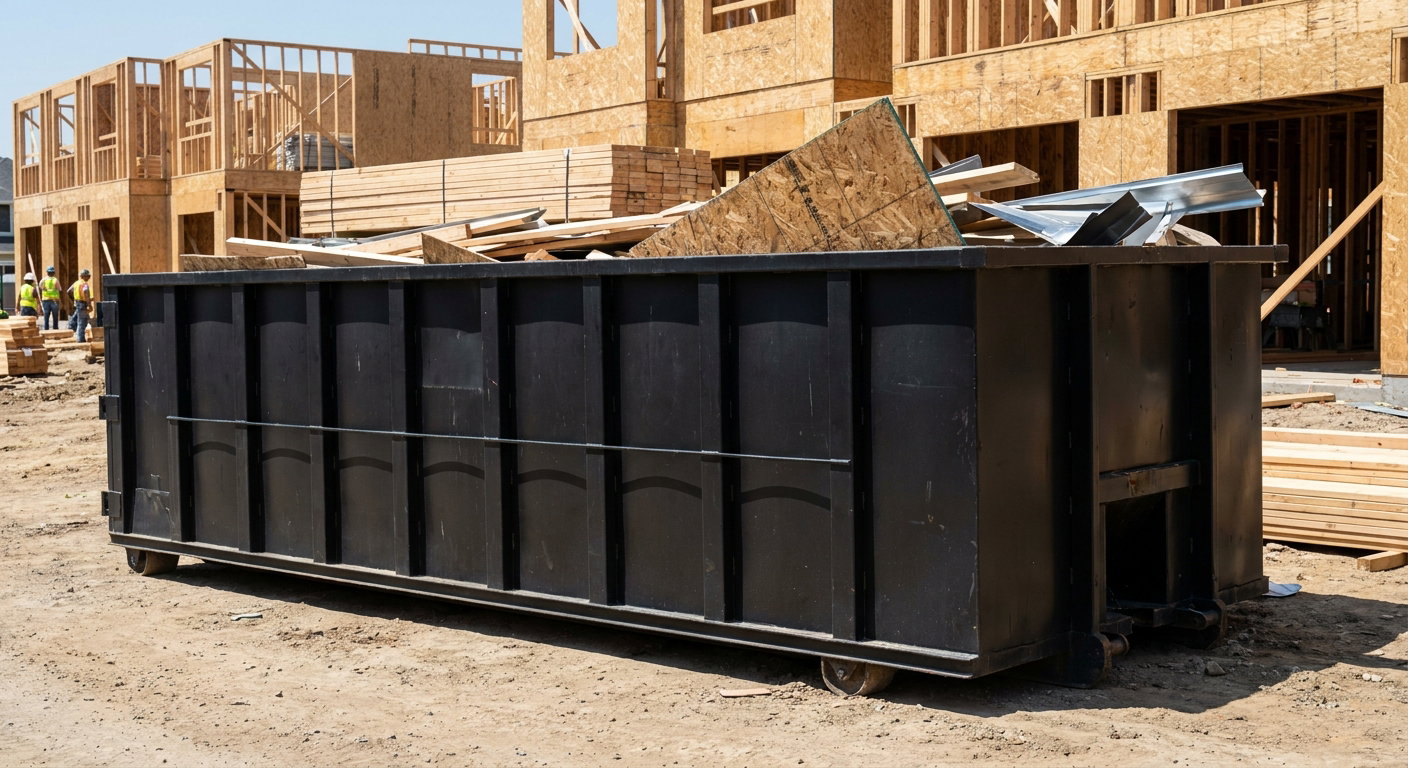 Matte-black 40-yard roll-off construction dumpster being lowered from a white-cab hooklift delivery truck onto the compacted-dirt jobsite at a commercial build site in Manhattan