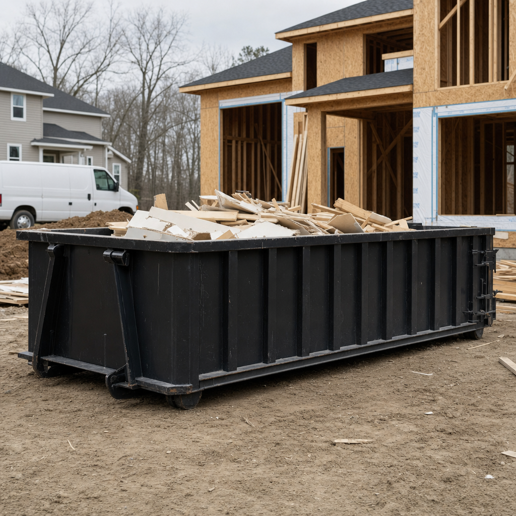 Worker in a yellow high-visibility vest tossing framing lumber and broken drywall into a matte-black 30-yard construction roll-off dumpster on an active build site in Manhattan, bright daylight