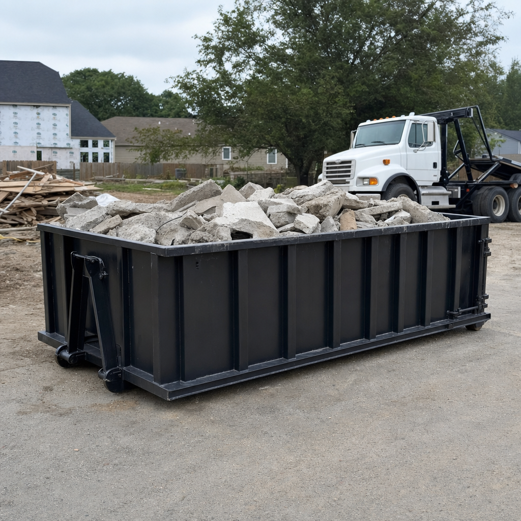 Low-profile matte-black lowboy roll-off dumpster loaded with broken concrete slab and rebar at a foundation tear-out in Manhattan, skid steer parked beside it, sunny Colorado morning