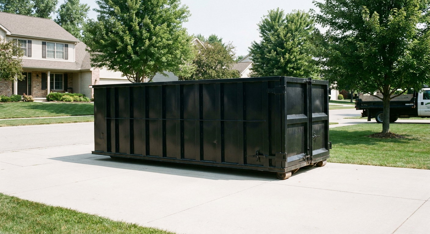 Matte-black 20-yard roll-off dumpster sitting level on a clean Manhattan residential concrete driveway under bright daylight, demonstrating clean placement directly on the concrete.
