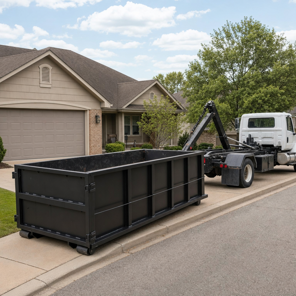 Wide documentary shot of a matte-black roll-off dumpster on a Manhattan residential driveway in the foreground and a contractor jobsite container in the soft-focus background, bright daylight, calm and orderly composition.
