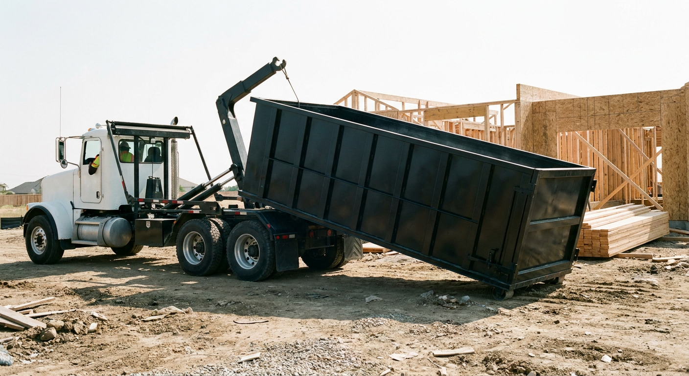 Matte-black roll-off dumpster being delivered onto a clean residential concrete driveway in Manhattan by an unmarked white hooklift hauler truck, bright morning daylight, documentary 35mm perspective.