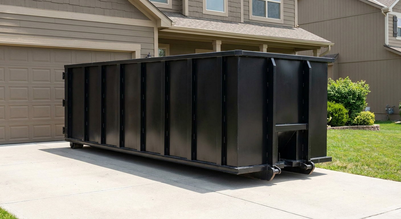 Matte-black residential roll-off dumpster sitting directly on a suburban Manhattan concrete driveway, garage door closed, single-family home in background, bright morning daylight.