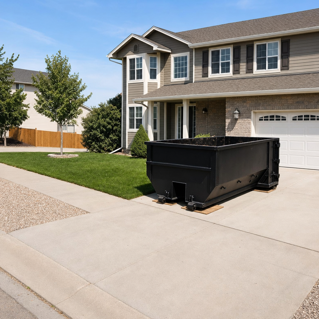 10-yard matte-black residential dumpster placed directly on a narrow Manhattan concrete driveway, room remains for a parked sedan beside it, mid-morning natural light