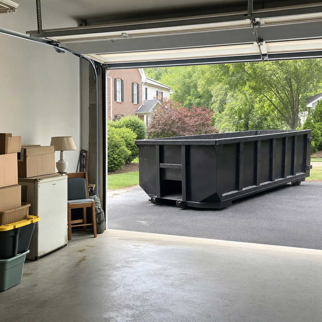 Open garage interior in a Manhattan home mid-cleanout — boxed items, an old appliance, and stacked yard tools queued near the driveway for a matte-black roll-off dumpster, organized and calm
