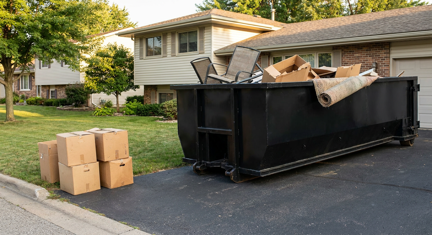 Front-yard view of a Manhattan split-level home with a 20-yard matte-black roll-off dumpster sitting directly on the asphalt driveway, a few clearly labeled donation boxes staged at the curb, calm sunny afternoon.