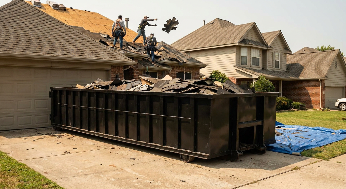 Matte-black roofing roll-off dumpster placed directly on a Manhattan residential concrete driveway, a tear-off crew on a two-story asphalt-shingle roof tossing shingle bundles into the low-walled container, bright daylight, documentary 35mm perspective.