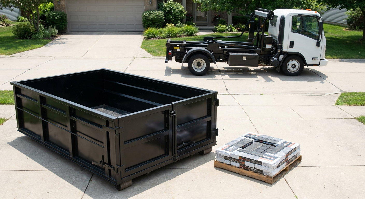 Matte-black 15-yard roofing roll-off dumpster with reinforced low side walls sitting directly on a Manhattan residential concrete driveway, three-tab asphalt shingle bundles stacked nearby, an unmarked white hauler truck partially visible at the edge of the frame.