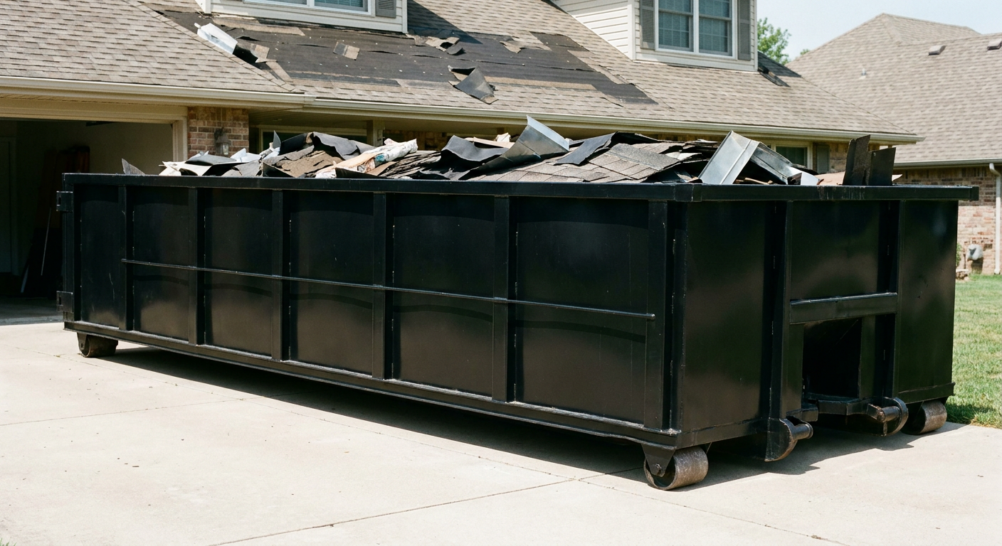 Matte-black 20-yard roofing roll-off dumpster with steel ribbed sides and swinging rear door, sitting directly on the concrete driveway of a two-story Manhattan home, asphalt shingle debris being loaded over the low wall, clean documentary lighting.