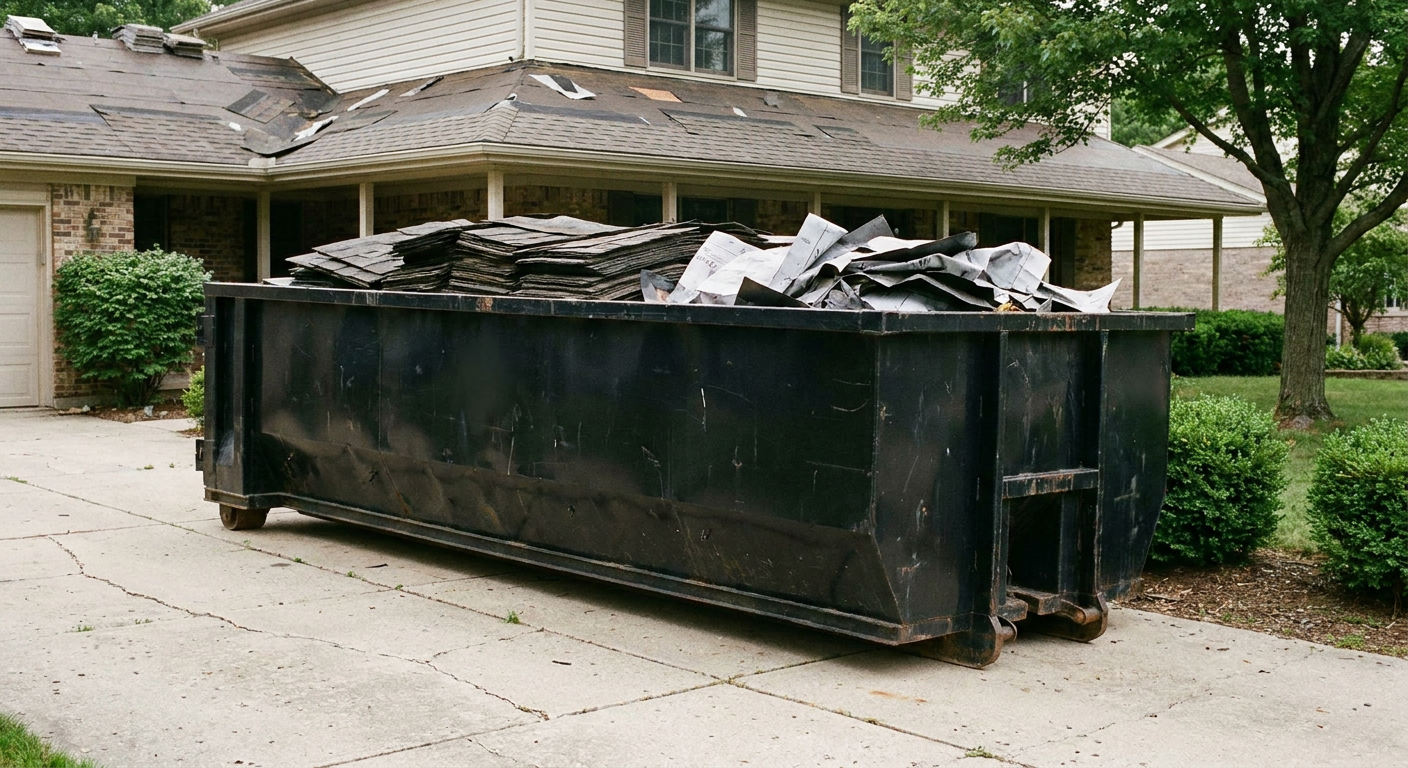 Matte-black 30-yard roofing roll-off dumpster sitting directly on a Manhattan concrete driveway, taller ribbed steel side panels, mixed tear-off debris of asphalt shingles and underlayment inside, professional documentary daylight.