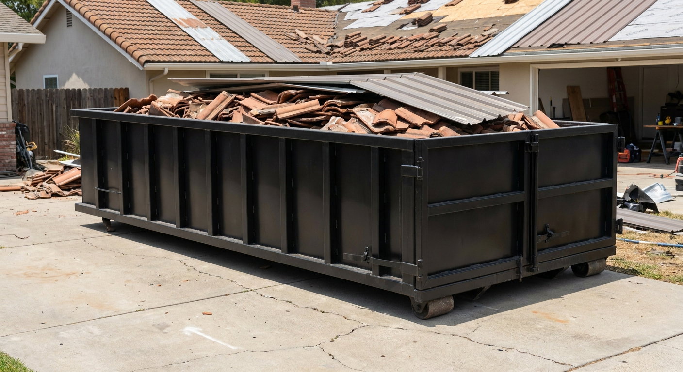 Matte-black low-wall heavy-debris roofing roll-off dumpster sitting directly on a Manhattan concrete driveway, broken concrete clay roof tiles and metal panel sections loaded inside, reinforced ribbed steel side walls visible, bright outdoor daylight.