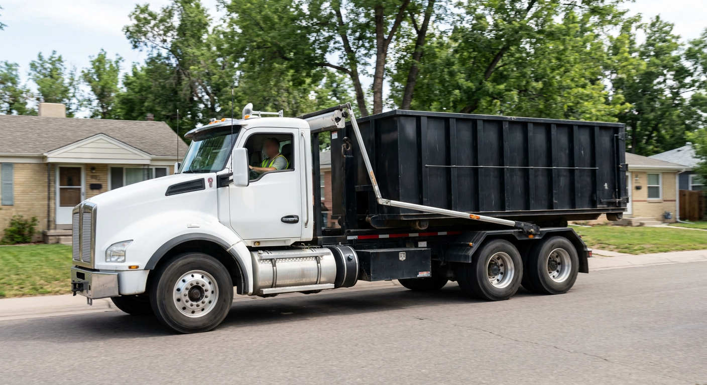 A wide documentary shot of a matte-black roll-off delivery truck pulling onto a quiet Manhattan residential street at mid-morning, with neighborhood rooftops and tree-lined blocks visible behind, showing the metro coverage footprint.