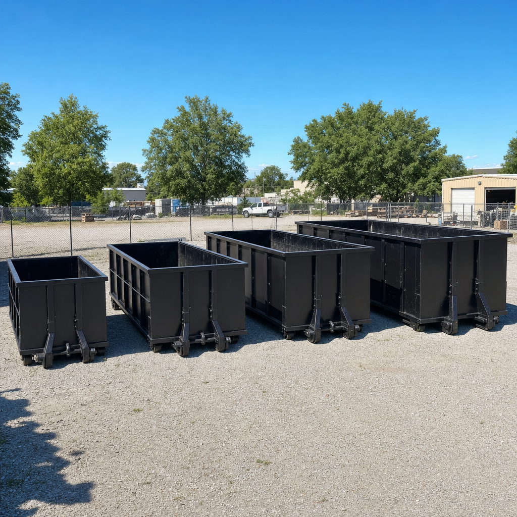 A clean lineup of matte-black roll-off dumpsters in 10, 20, 30, and 40-yard sizes staged on a sunlit gravel yard in Manhattan, showing the size progression from compact to commercial-scale containers.