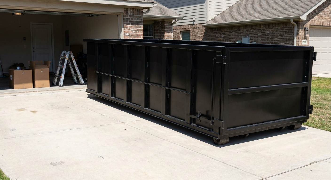 A matte-black 10-yard roll-off dumpster sitting directly on a residential Manhattan concrete driveway, mid-day sunlight, clean and ready for a garage cleanout.