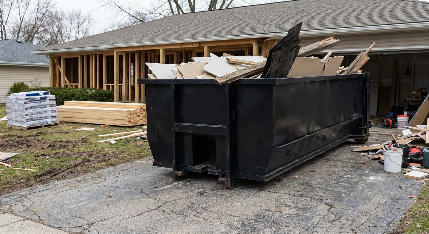 A matte-black 20-yard roll-off dumpster placed alongside a mid-renovation Manhattan home directly on the asphalt driveway, with framing materials and torn-off shingles staged neatly nearby.