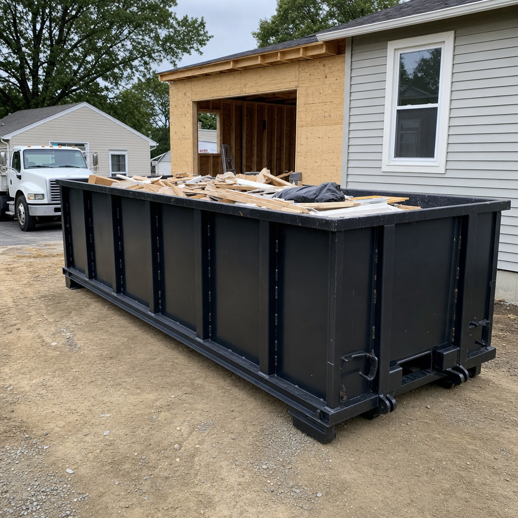 A matte-black 30-yard roll-off dumpster positioned at a Manhattan residential addition jobsite, with framing lumber and drywall scraps loaded through the open swinging rear doors.