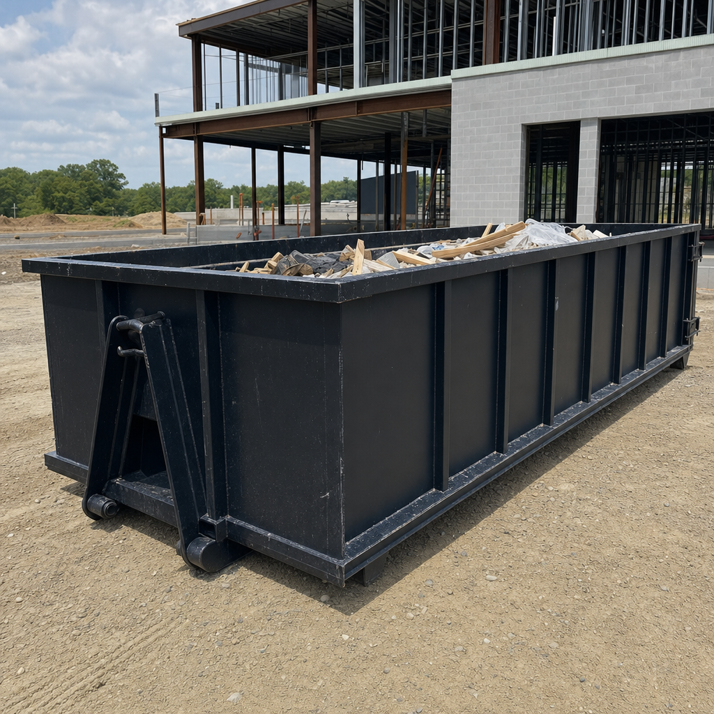 A matte-black 40-yard roll-off dumpster staged on a large Manhattan commercial construction lot, with a hooklift delivery truck parked alongside under bright midday sky.