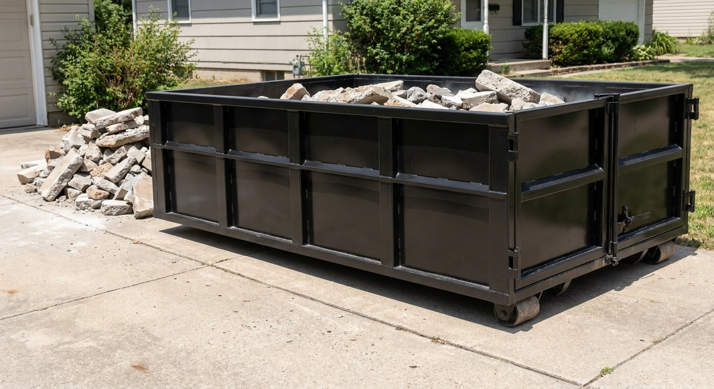 A matte-black low-side heavy-debris roll-off dumpster placed directly on a Manhattan concrete driveway, with broken concrete chunks neatly stacked beside it under clean daylight.